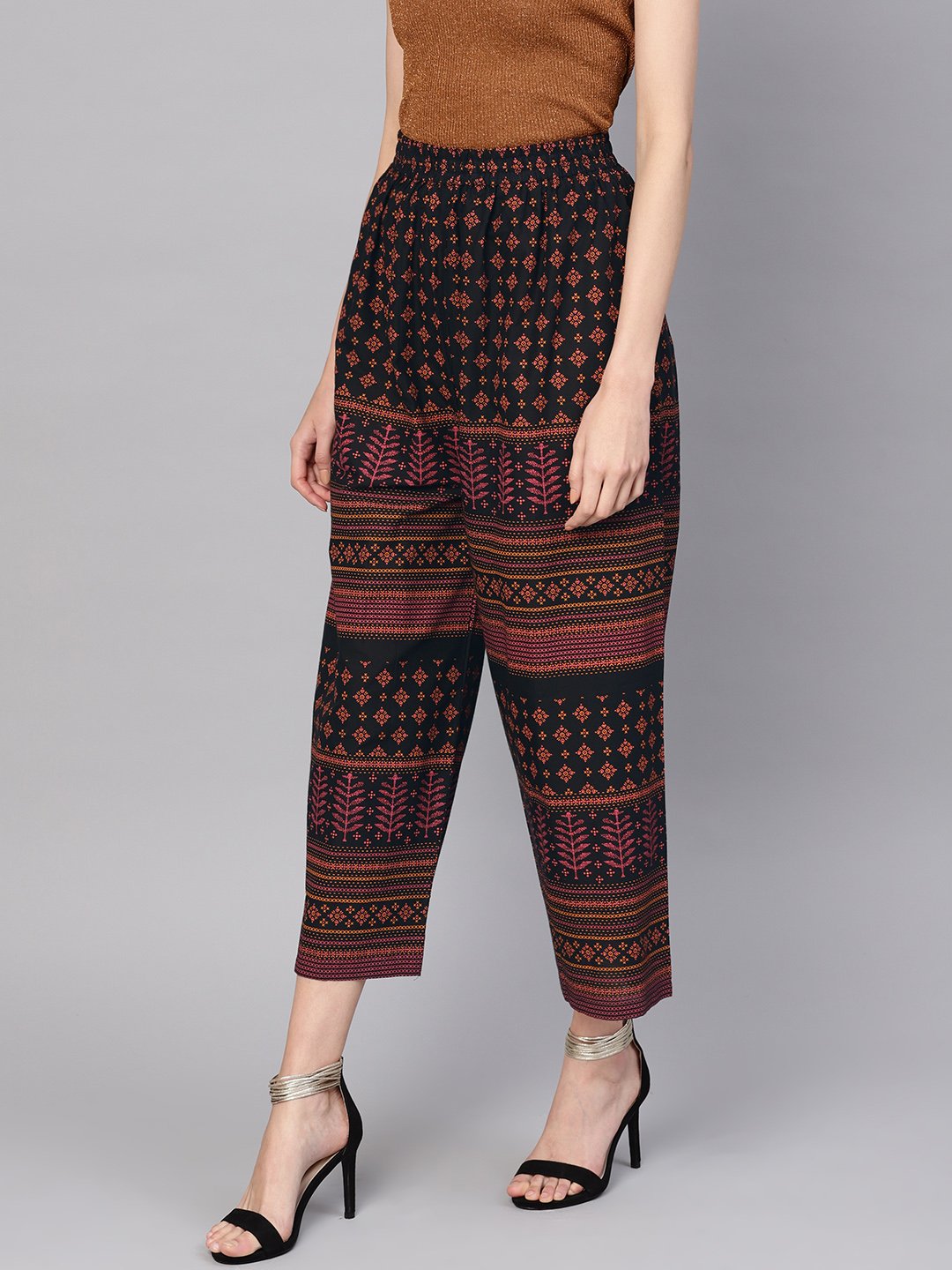 Women Black & Orange Printed Cropped Straight Palazzos | NOZ2TOZ - Made In INDIA.