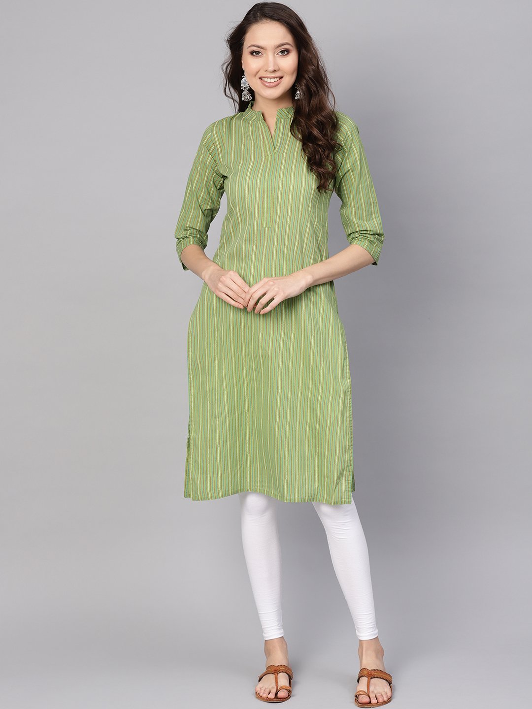 Women Green & Red Striped Straight Kurta | NOZ2TOZ - Made In INDIA.