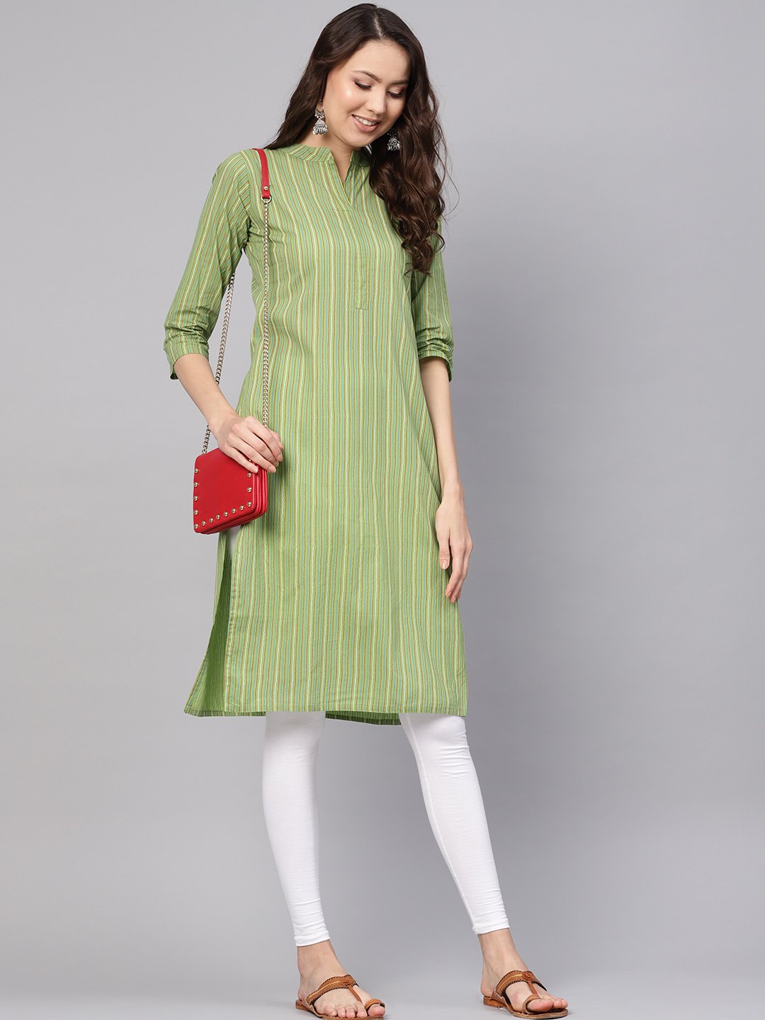 Women Green & Red Striped Straight Kurta | NOZ2TOZ - Made In INDIA.