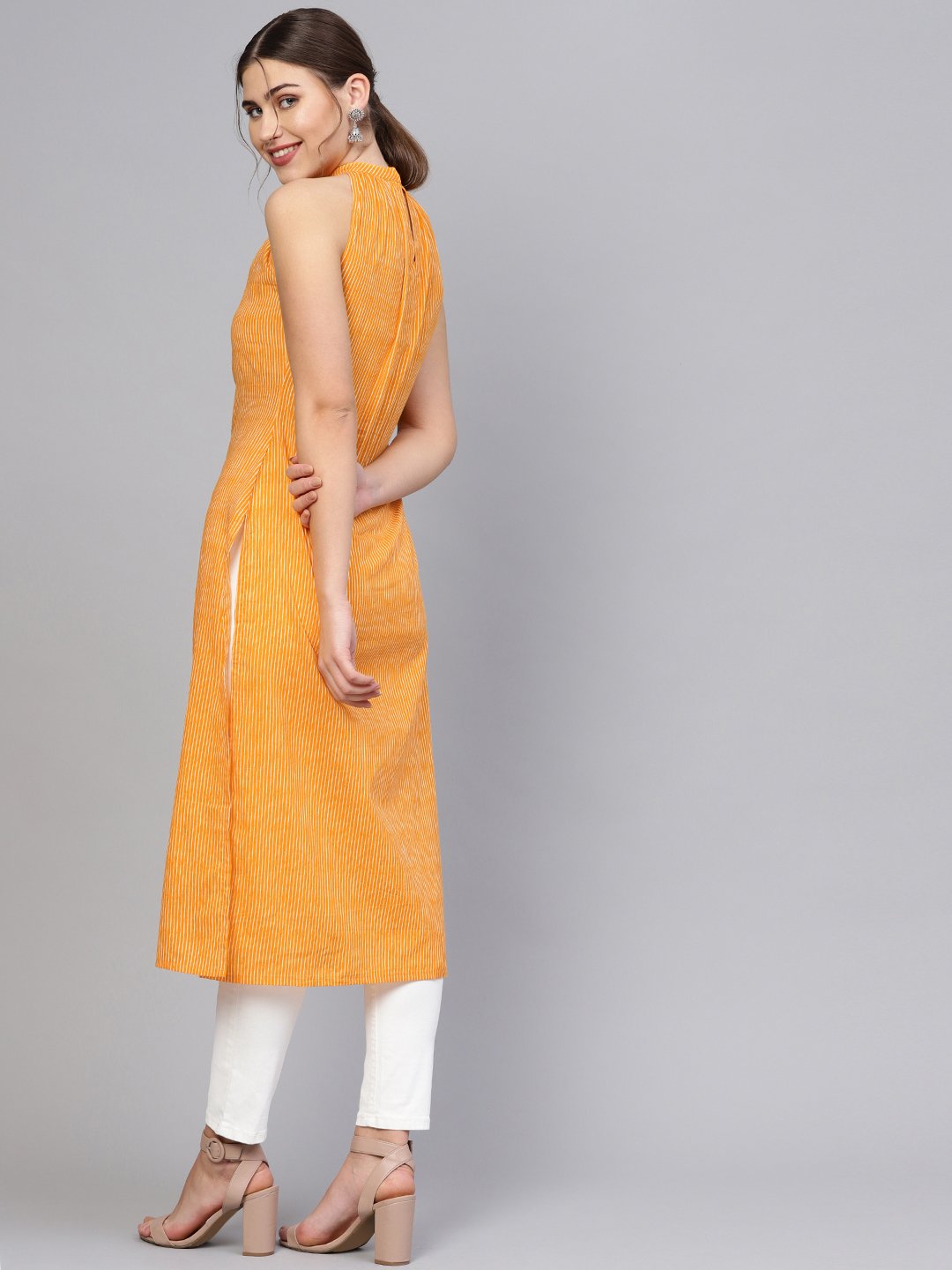 Women Orange & Off-White Striped Straight Kurta | NOZ2TOZ - Made In INDIA.