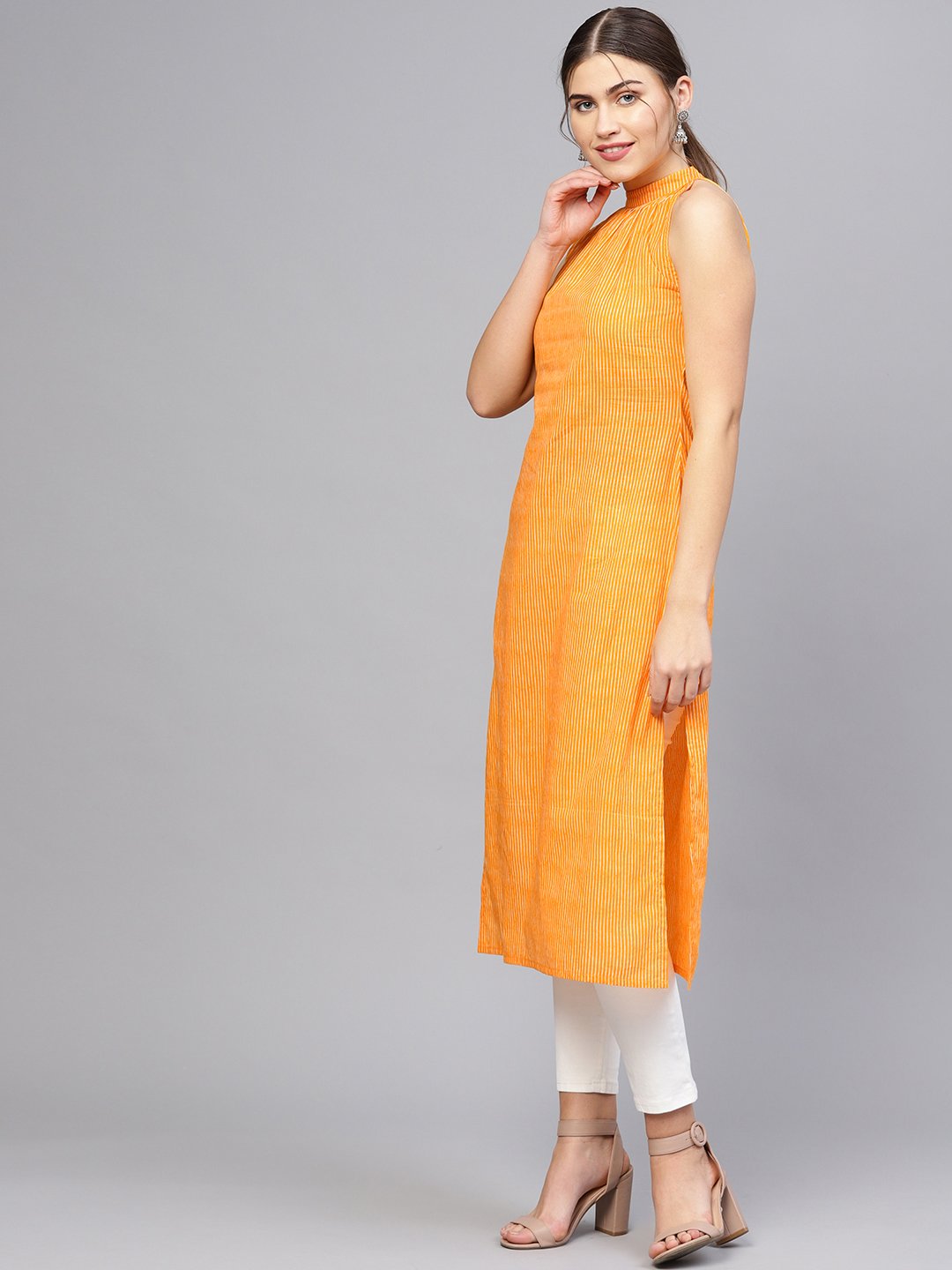 Women Orange & Off-White Striped Straight Kurta | NOZ2TOZ - Made In INDIA.