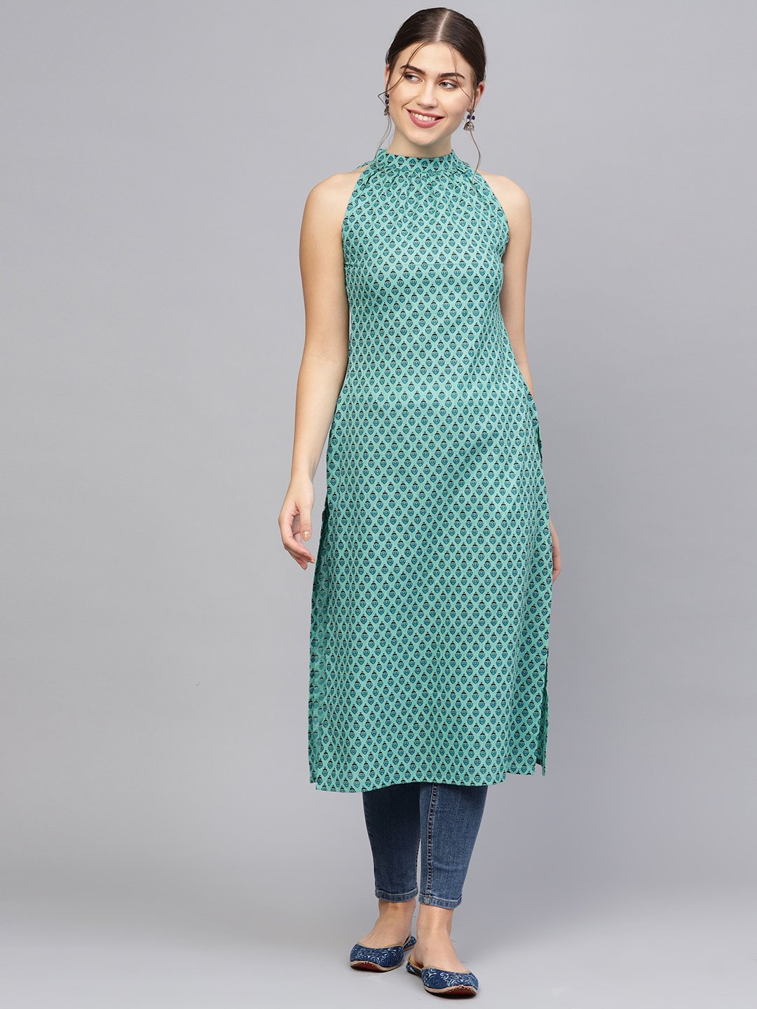 Women Green & Blue Printed Straight Kurta | NOZ2TOZ - Made In INDIA.