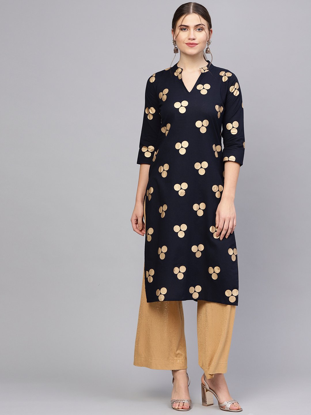 Women Navy Blue & Golden Printed Straight Kurta | NOZ2TOZ - Made In INDIA.