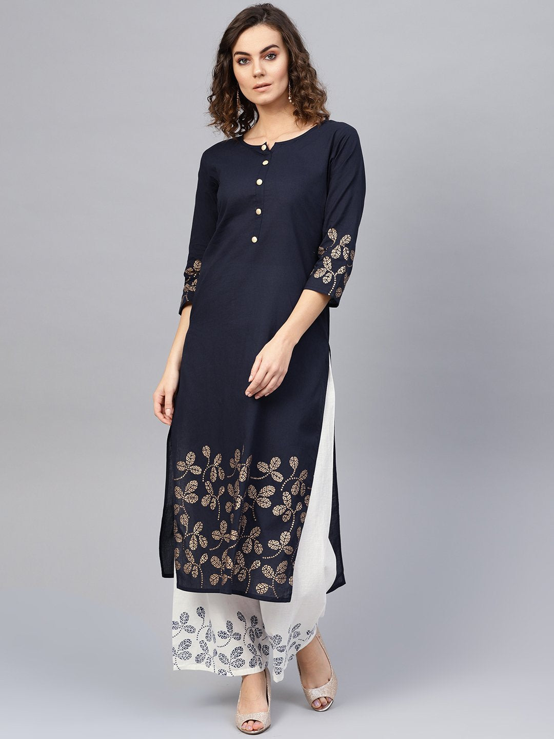 Women Navy Blue & White Printed Kurta with Palazzos | NOZ2TOZ - Made In INDIA.