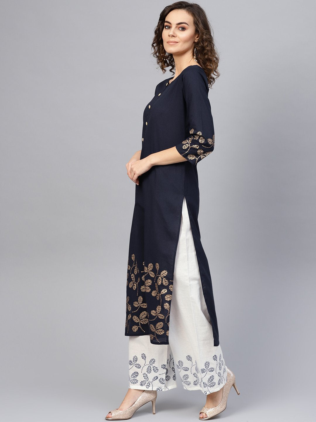 Women Navy Blue & White Printed Kurta with Palazzos | NOZ2TOZ - Made In INDIA.