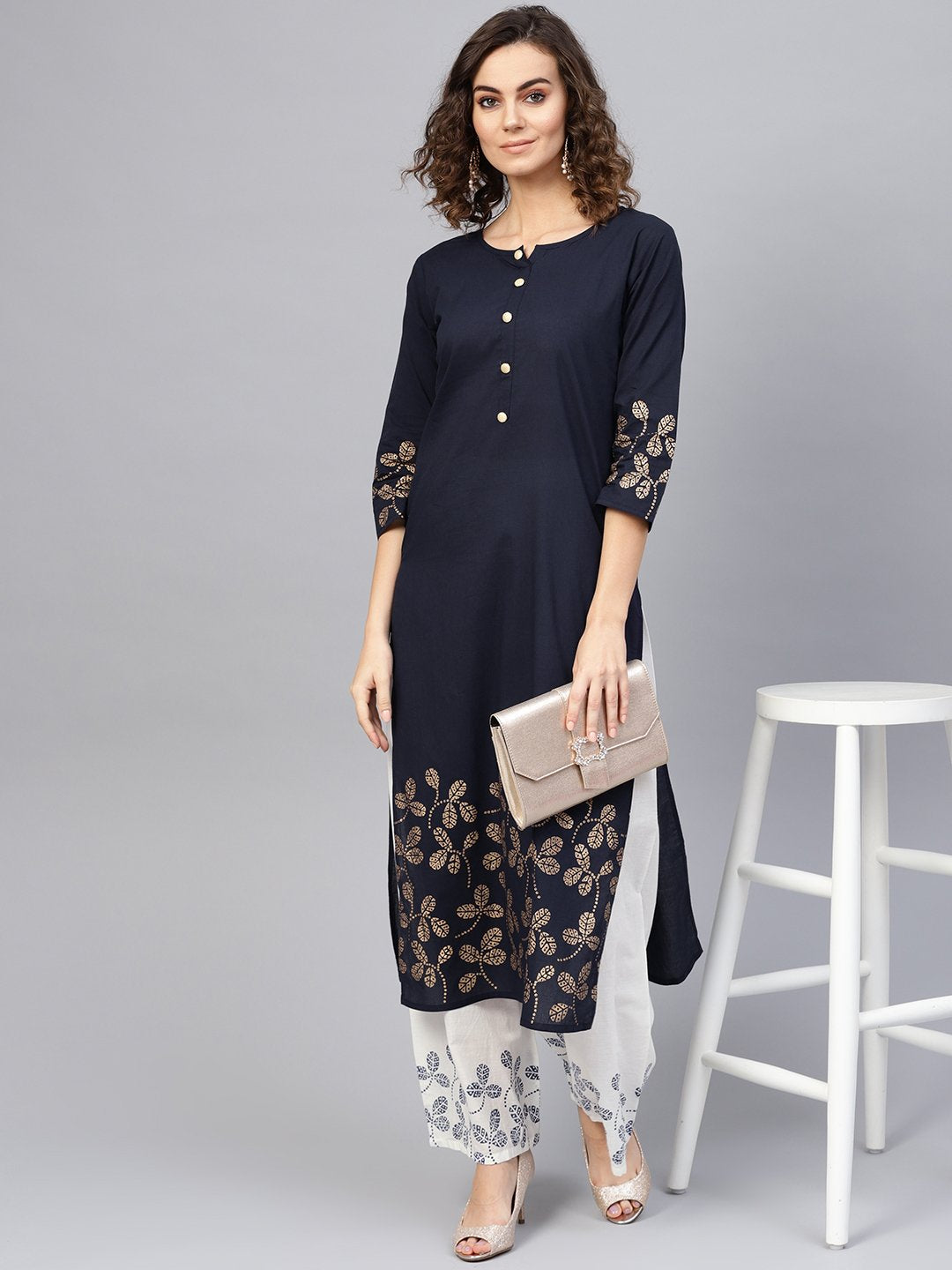 Women Navy Blue & White Printed Kurta with Palazzos | NOZ2TOZ - Made In INDIA.