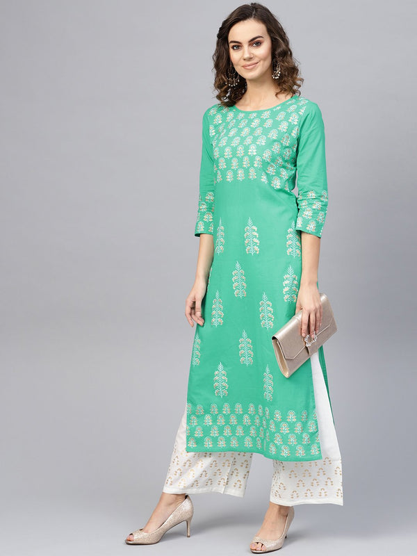 Women Green & White Printed Kurta with Palazzos | NOZ2TOZ - Made In INDIA.