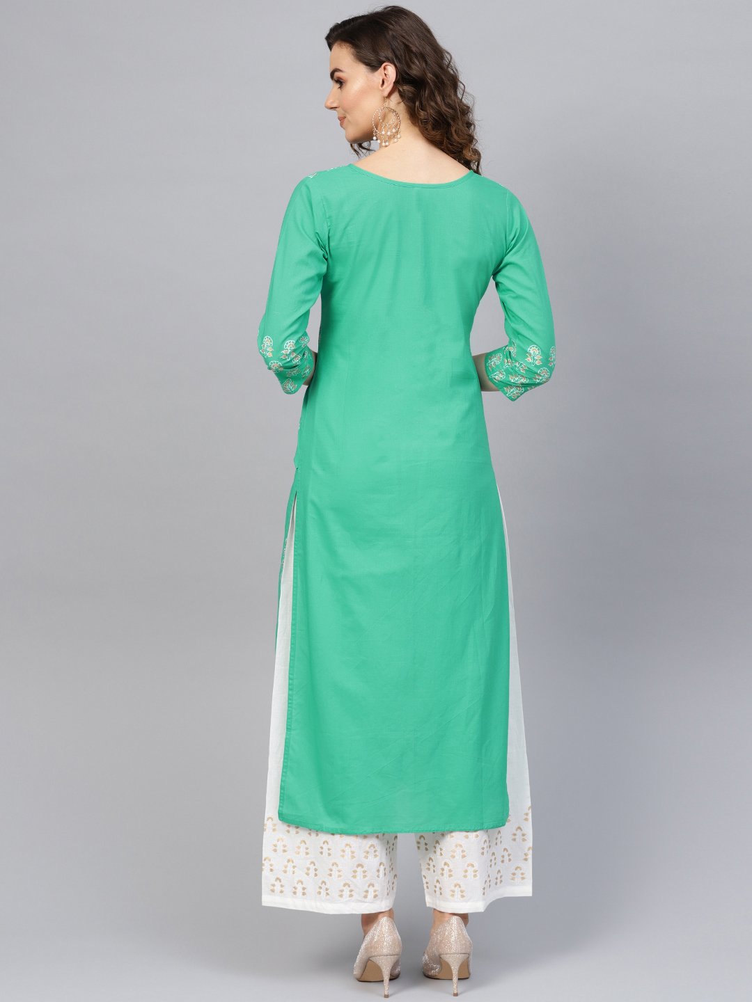 Women Green & White Printed Kurta with Palazzos | NOZ2TOZ - Made In INDIA.