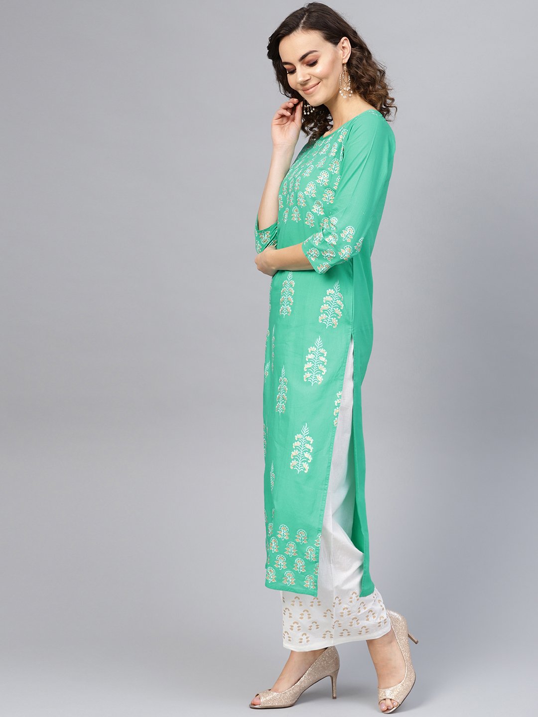 Women Green & White Printed Kurta with Palazzos | NOZ2TOZ - Made In INDIA.