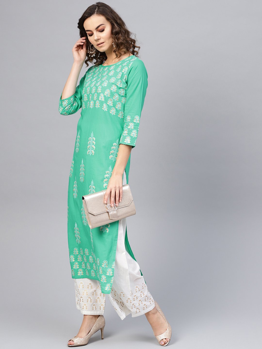 Women Green & White Printed Kurta with Palazzos | NOZ2TOZ - Made In INDIA.