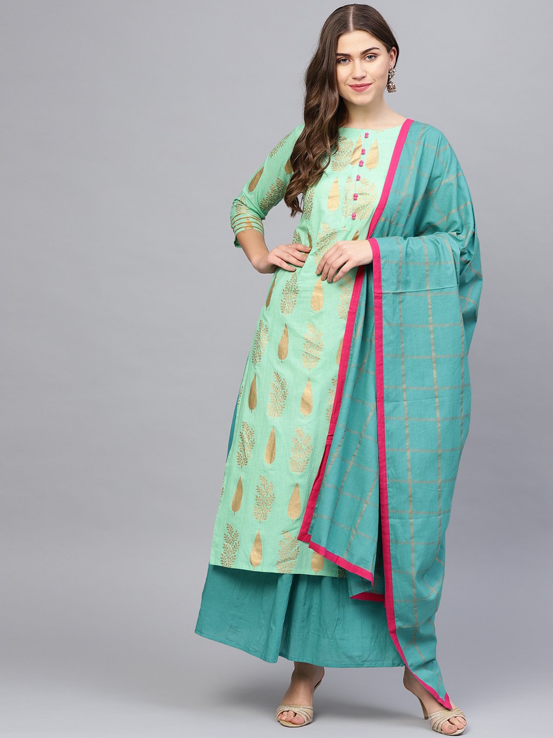 Women Green & Blue Printed Kurta with Skirt & Dupatta | NOZ2TOZ - Made In INDIA.