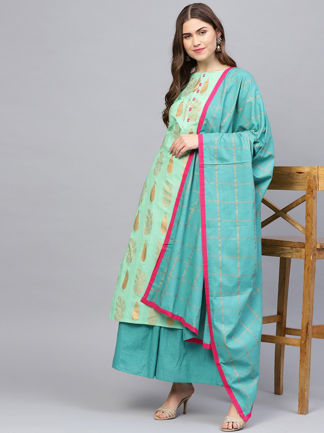 Women Green & Blue Printed Kurta with Skirt & Dupatta | NOZ2TOZ - Made In INDIA.