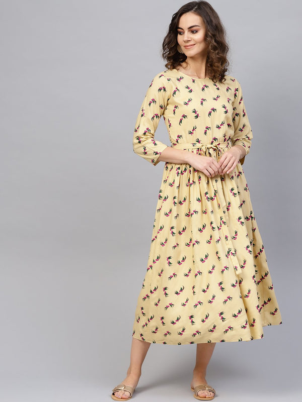 Women Beige & Magenta Printed A-Line Dress | NOZ2TOZ - Made In INDIA.