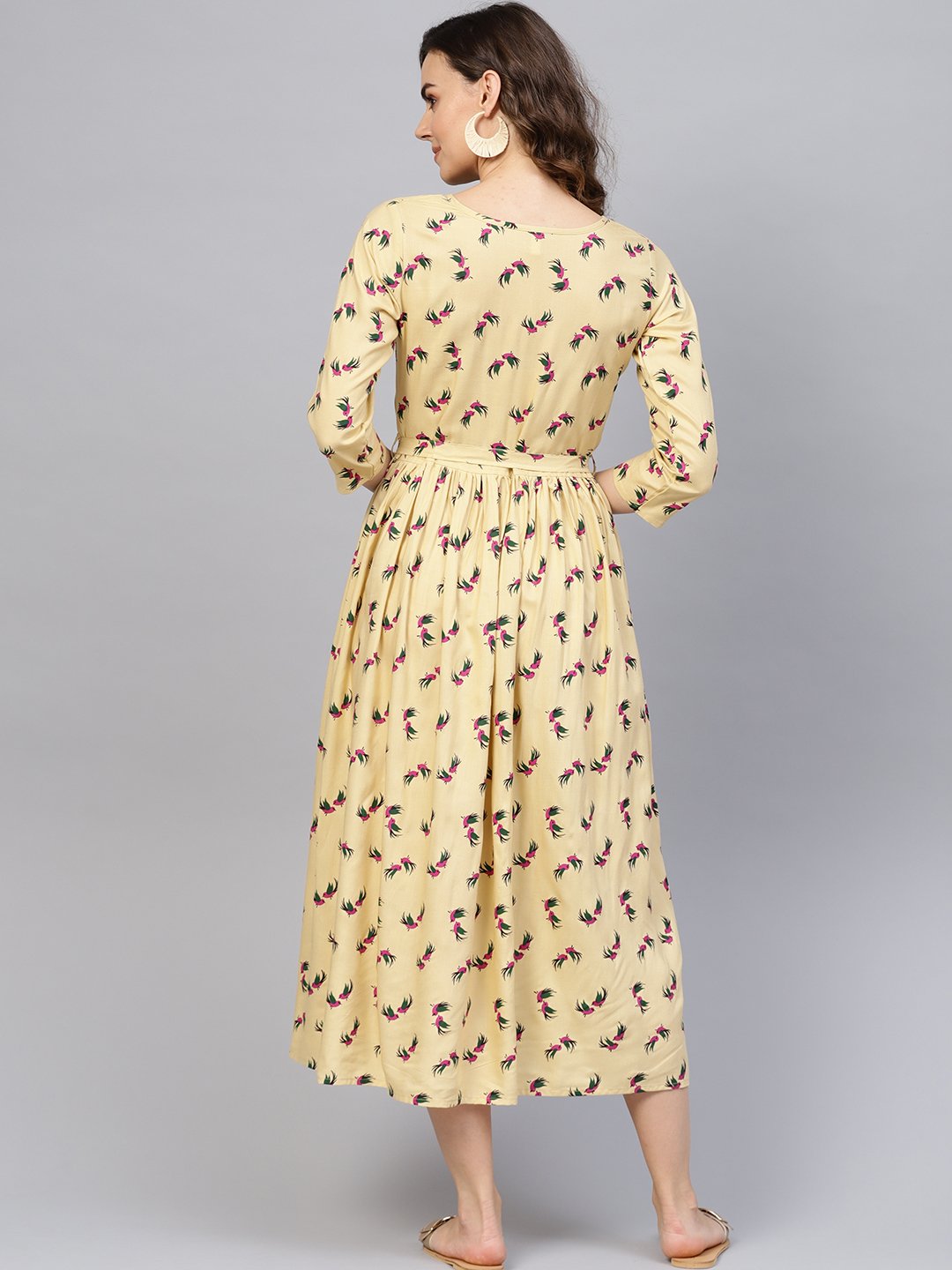 Women Beige & Magenta Printed A-Line Dress | NOZ2TOZ - Made In INDIA.