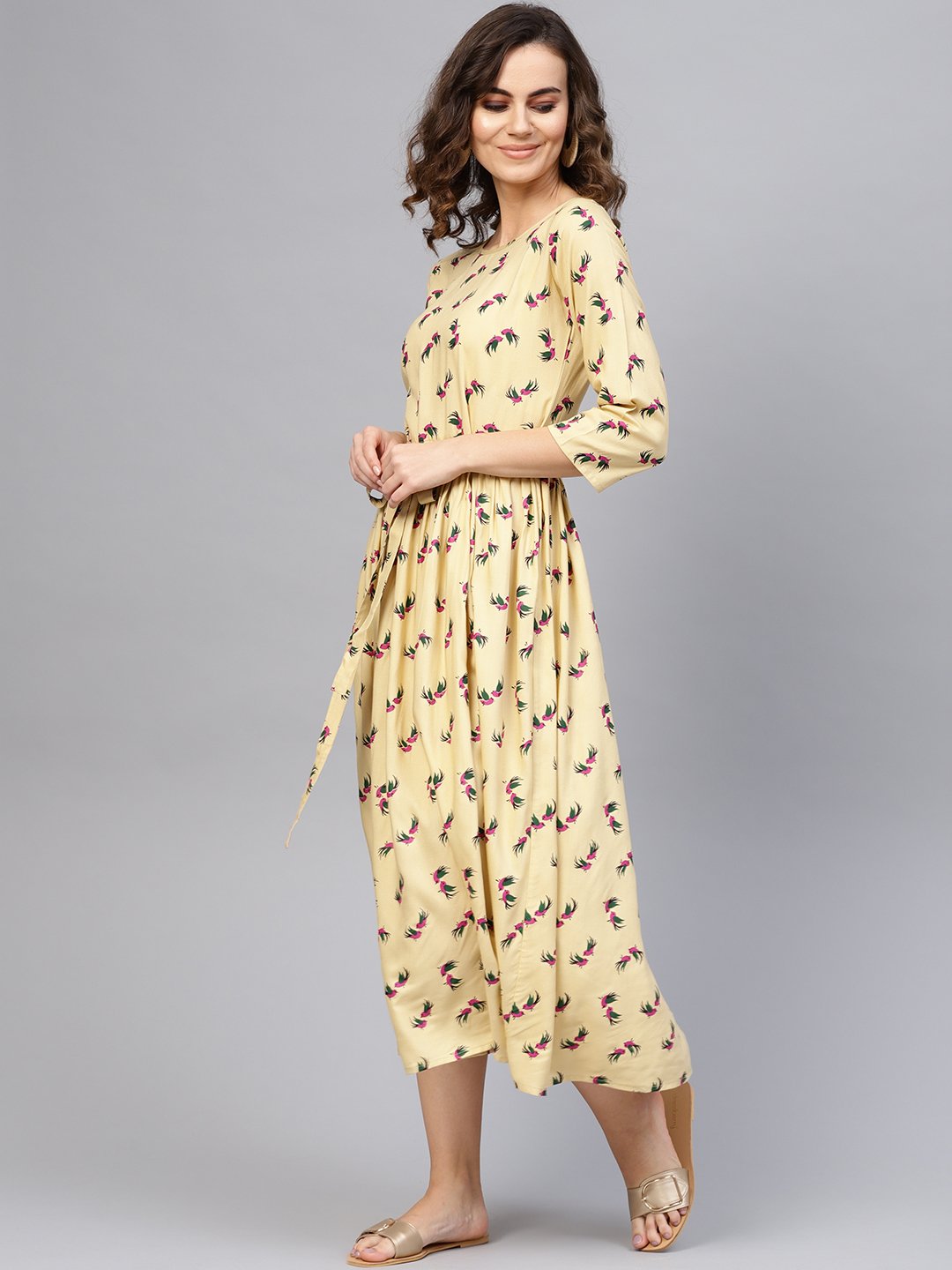 Women Beige & Magenta Printed A-Line Dress | NOZ2TOZ - Made In INDIA.