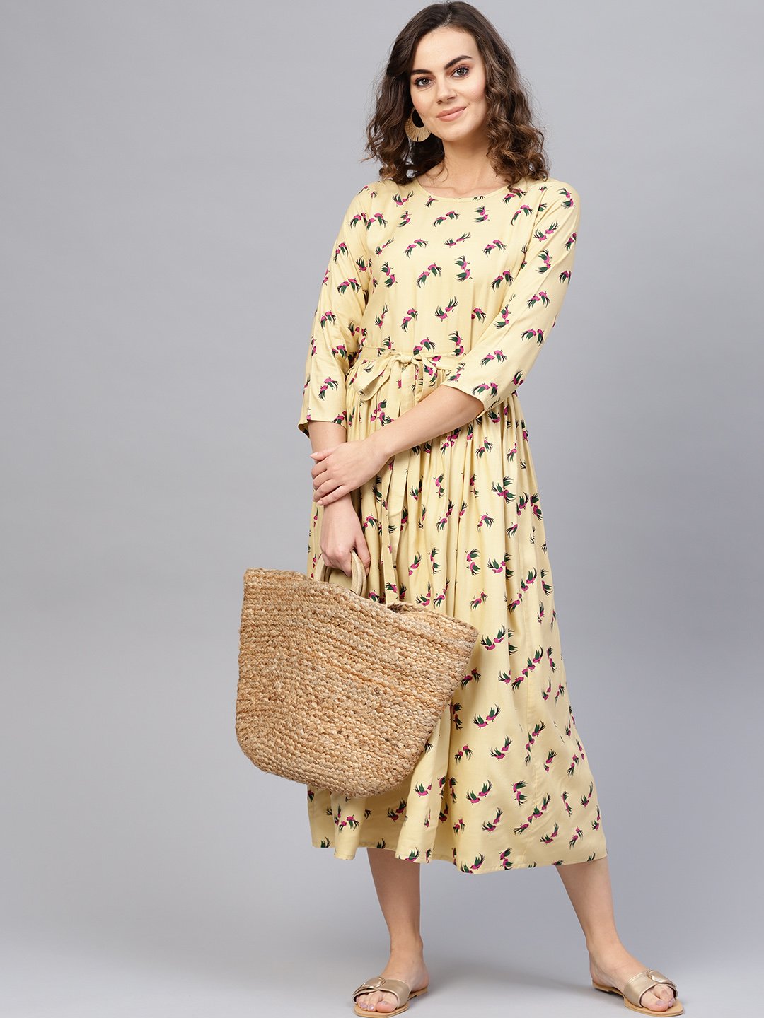 Women Beige & Magenta Printed A-Line Dress | NOZ2TOZ - Made In INDIA.