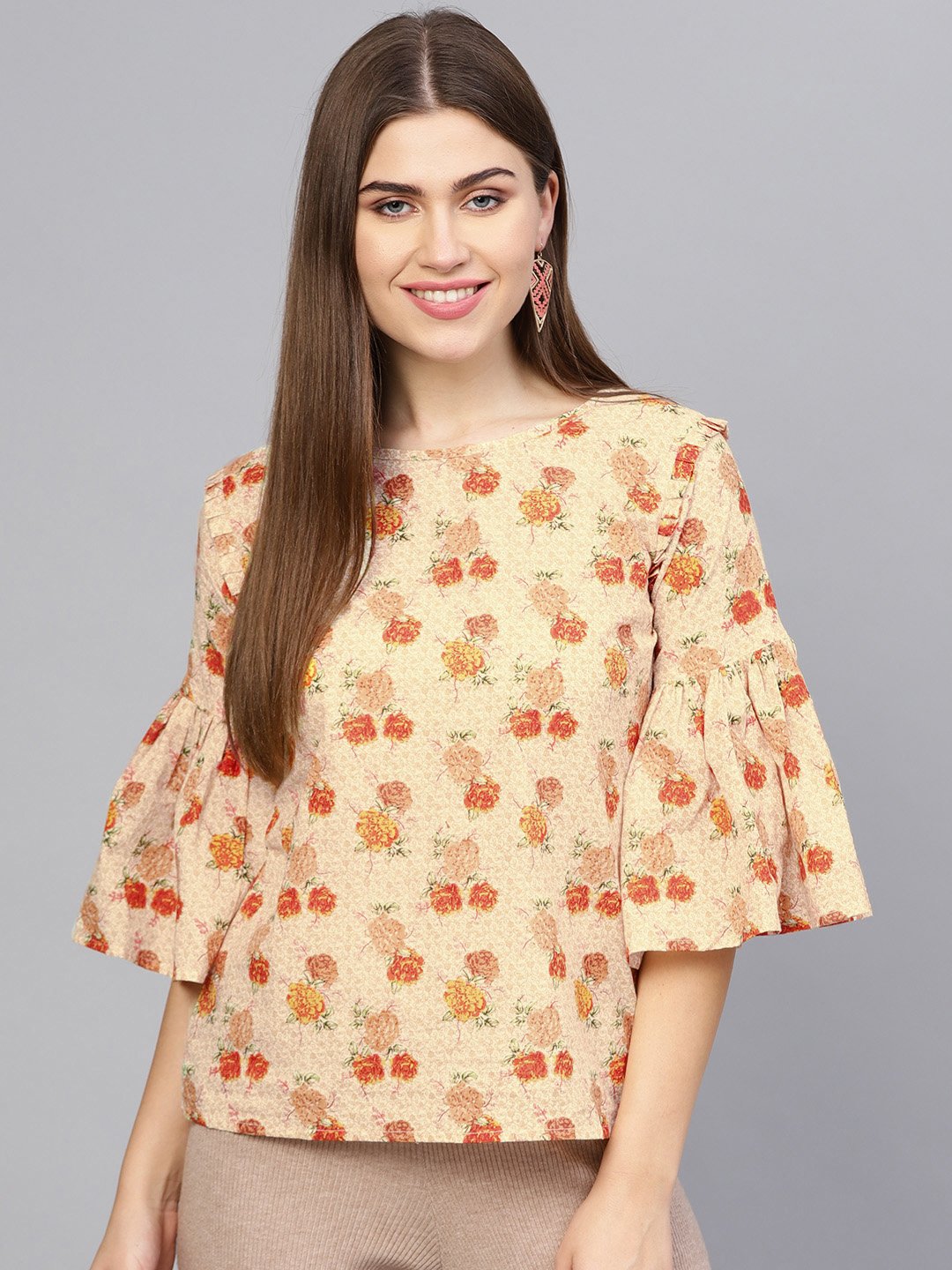 Women Cream-Coloured & Orange Printed Top | NOZ2TOZ - Made In INDIA.