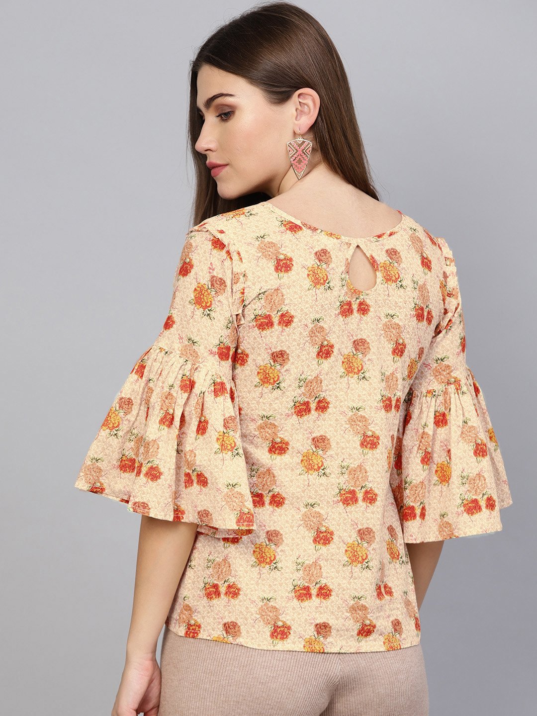 Women Cream-Coloured & Orange Printed Top | NOZ2TOZ - Made In INDIA.