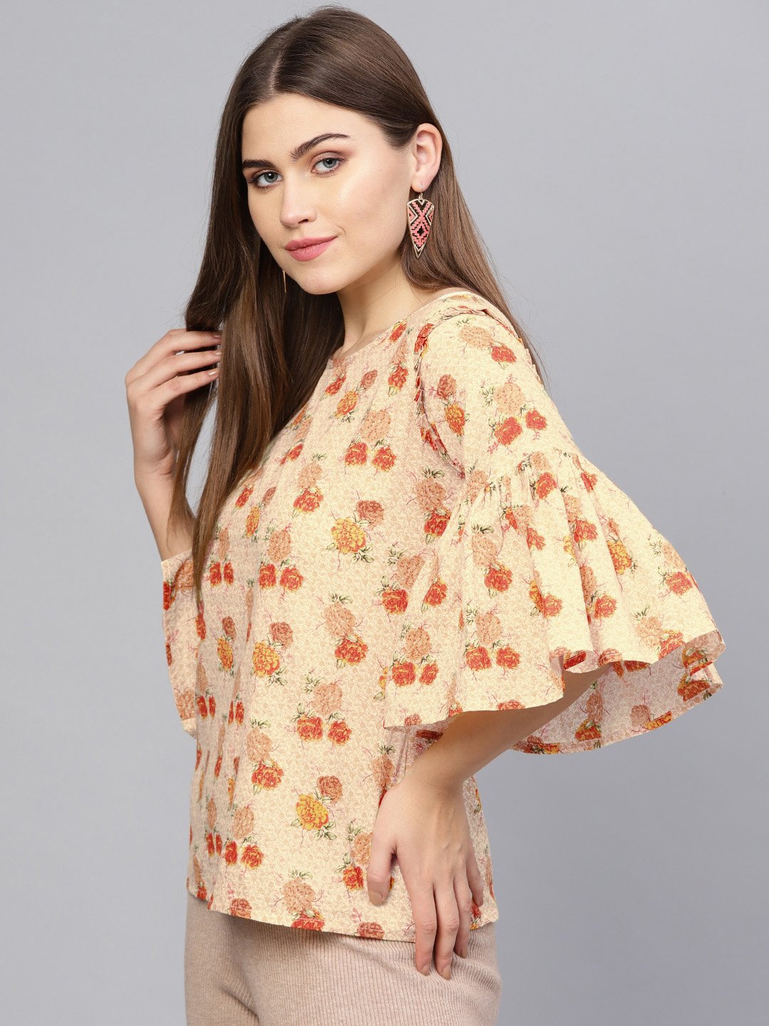 Women Cream-Coloured & Orange Printed Top | NOZ2TOZ - Made In INDIA.