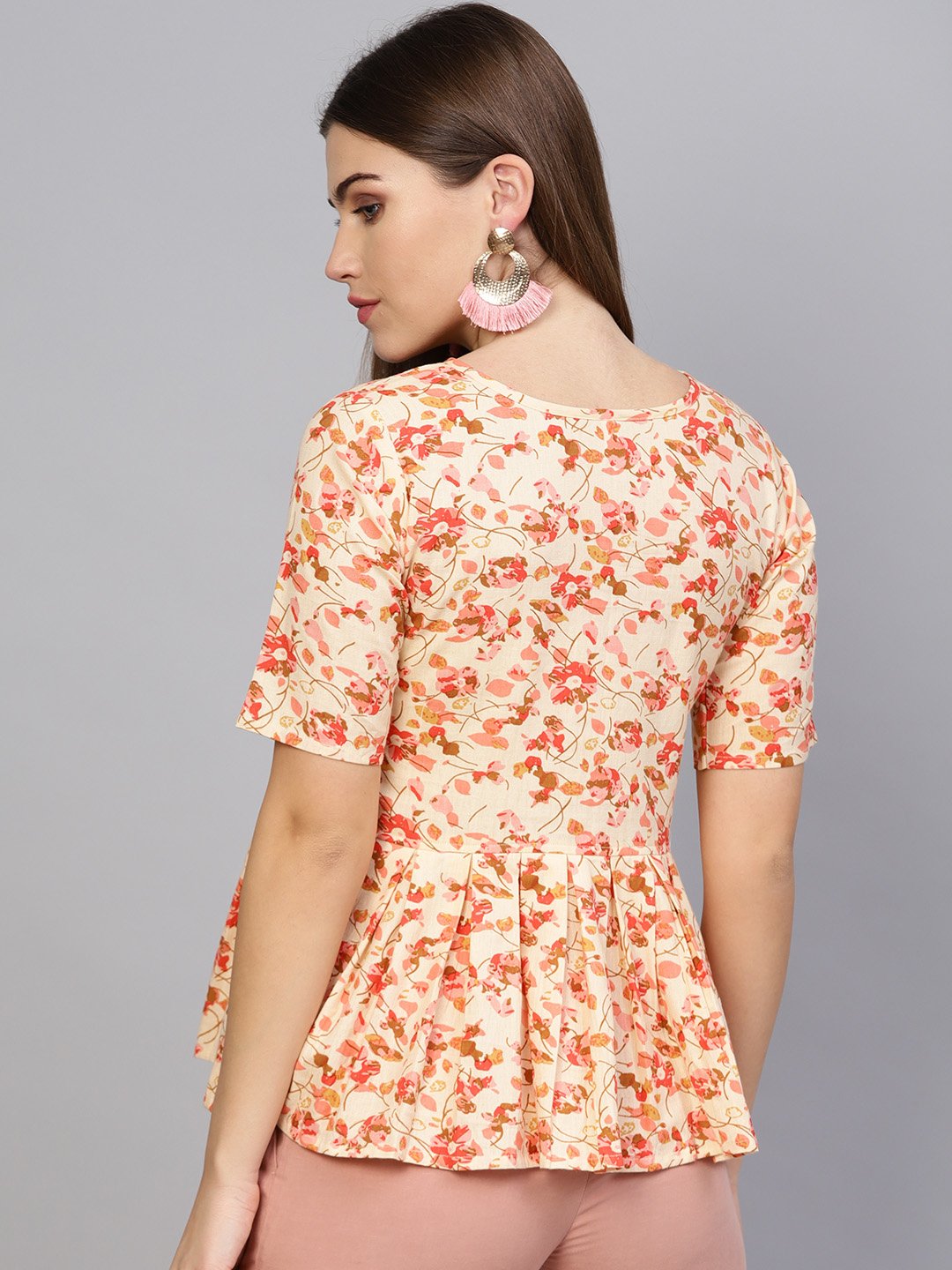 Women Cream-Coloured & Pink Printed Peplum Top | NOZ2TOZ - Made In INDIA.