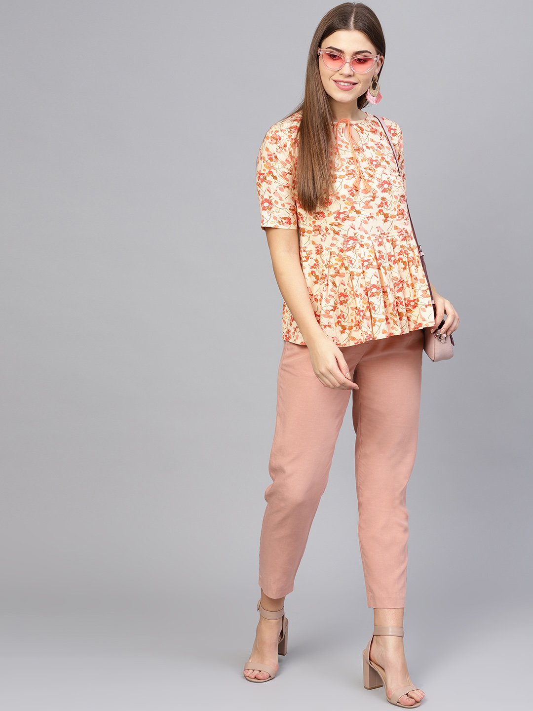 Women Cream-Coloured & Pink Printed Peplum Top | NOZ2TOZ - Made In INDIA.