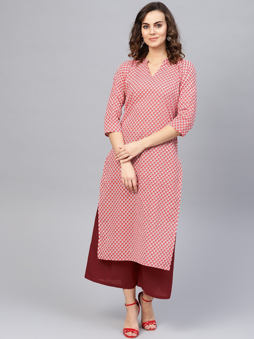 Women Red & Maroon Printed Kurta with Palazzos | NOZ2TOZ - Made In INDIA.