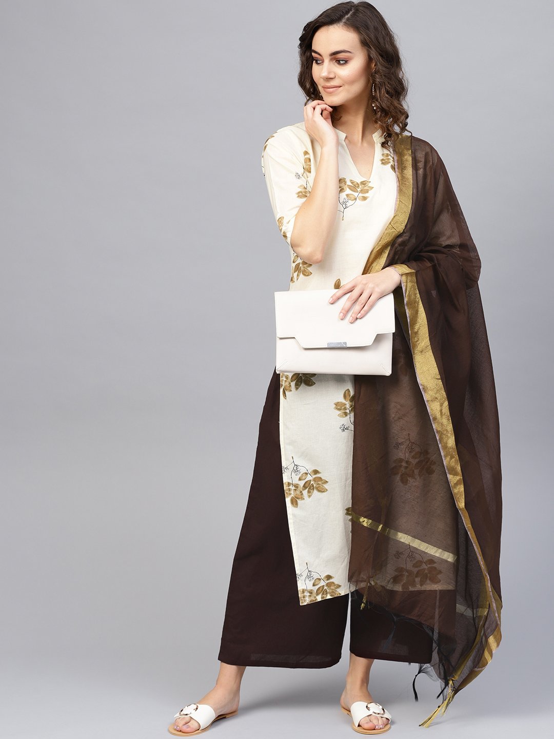 Women Cream-Coloured & Coffee Brown Printed Kurta with Palazzos & Dupatta | NOZ2TOZ - Made In INDIA.