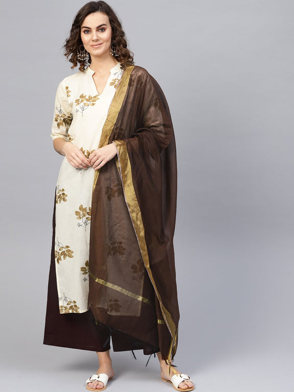 Women Cream-Coloured & Coffee Brown Printed Kurta with Palazzos & Dupatta | NOZ2TOZ - Made In INDIA.