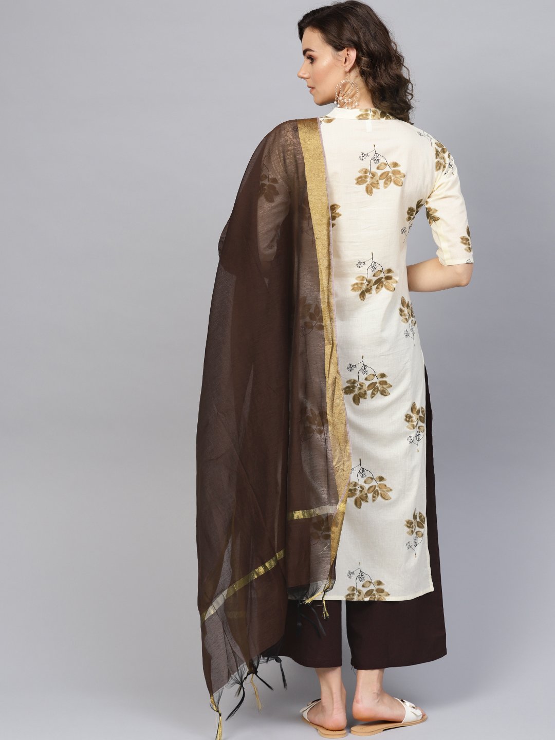 Women Cream-Coloured & Coffee Brown Printed Kurta with Palazzos & Dupatta | NOZ2TOZ - Made In INDIA.