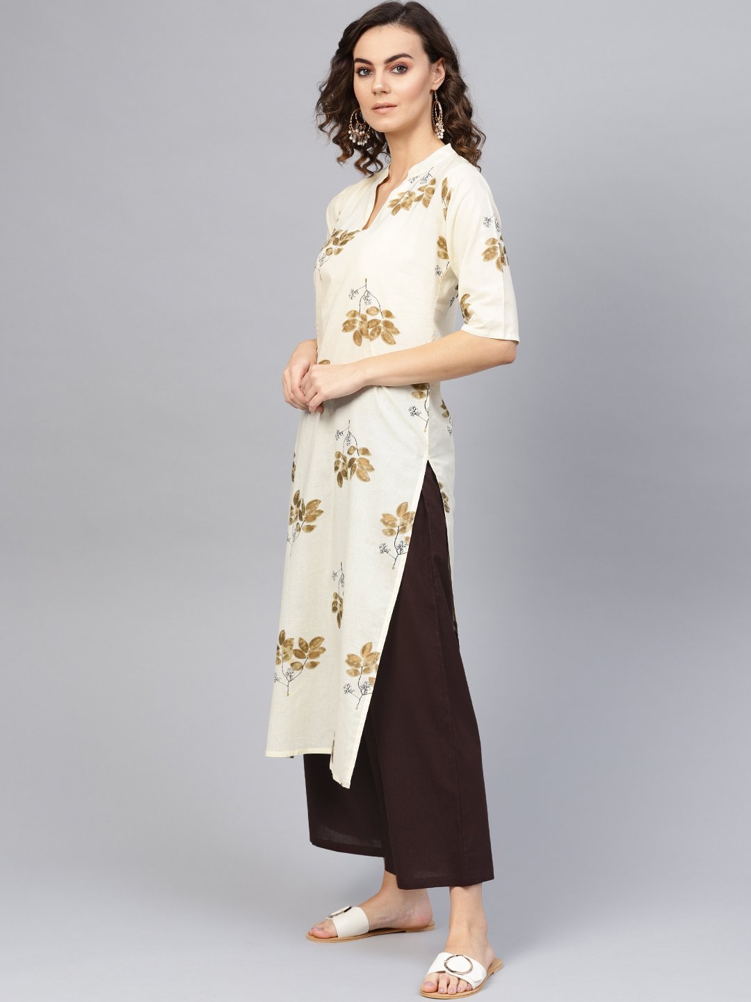 Women Cream-Coloured & Coffee Brown Printed Kurta with Palazzos & Dupatta | NOZ2TOZ - Made In INDIA.