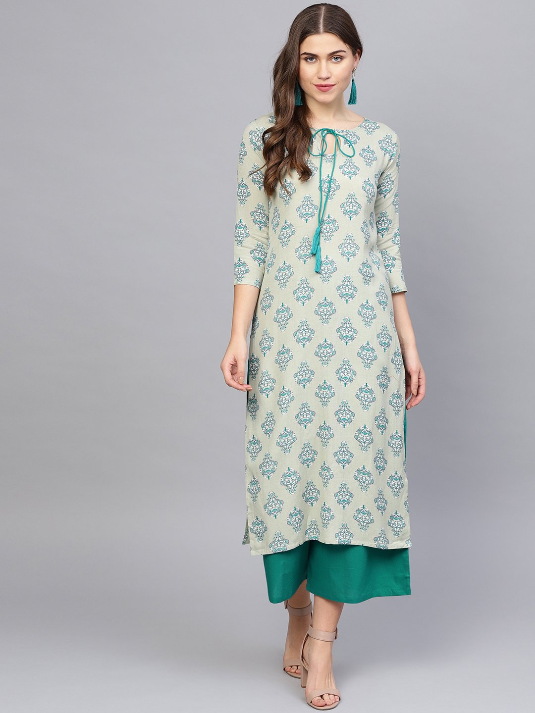 Women Green & Grey Printed Kurta with Palazzos | NOZ2TOZ - Made In INDIA.