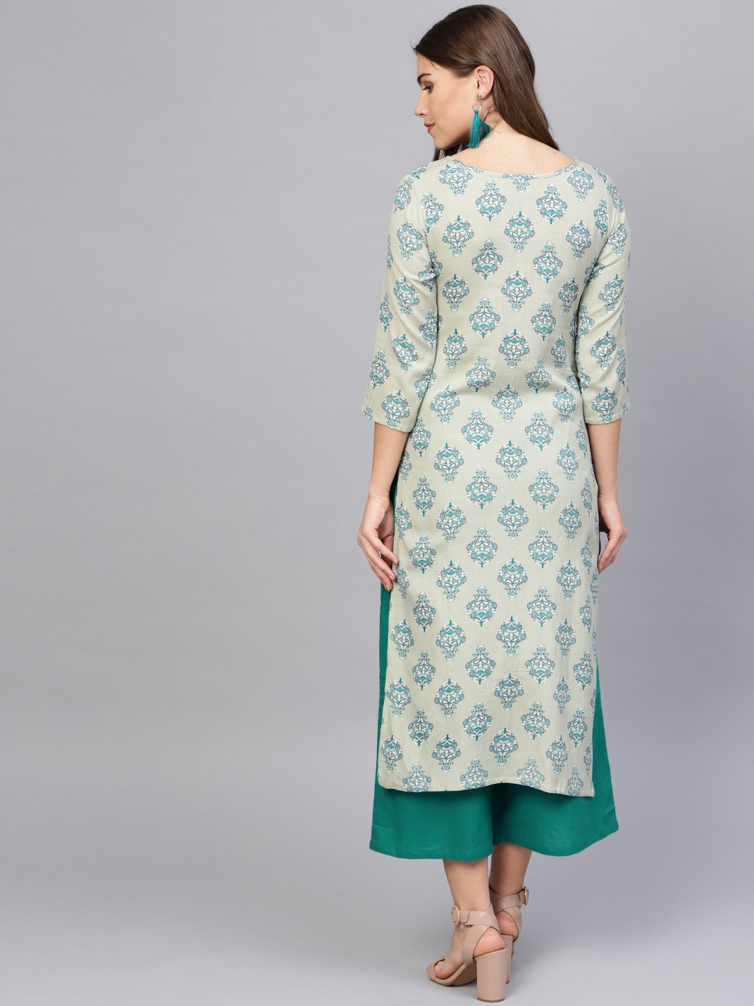 Women Green & Grey Printed Kurta with Palazzos | NOZ2TOZ - Made In INDIA.