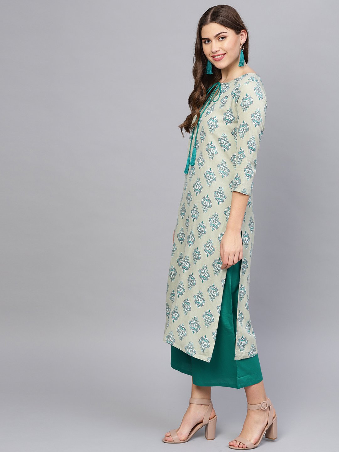 Women Green & Grey Printed Kurta with Palazzos | NOZ2TOZ - Made In INDIA.