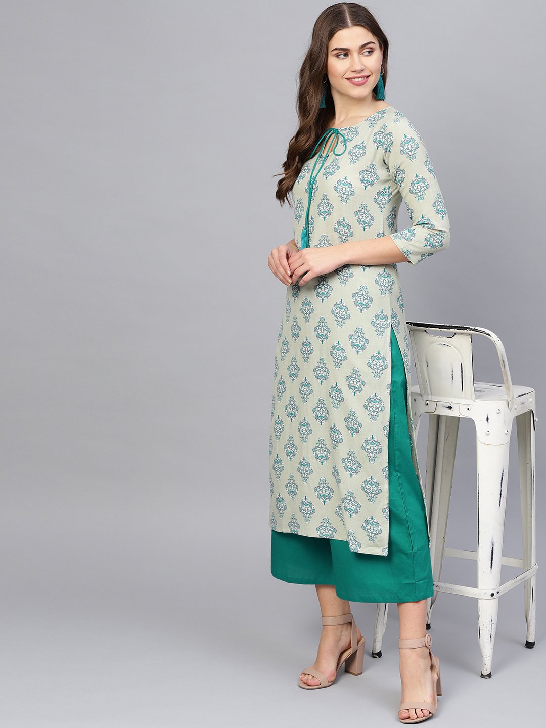 Women Green & Grey Printed Kurta with Palazzos | NOZ2TOZ - Made In INDIA.