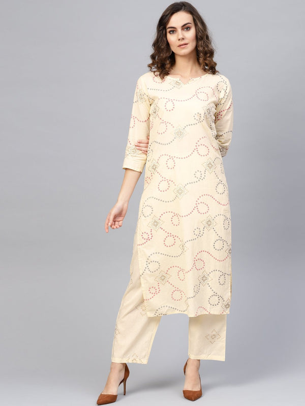 Women Cream-Coloured & Red Printed Kurta with Trousers | NOZ2TOZ - Made In INDIA.