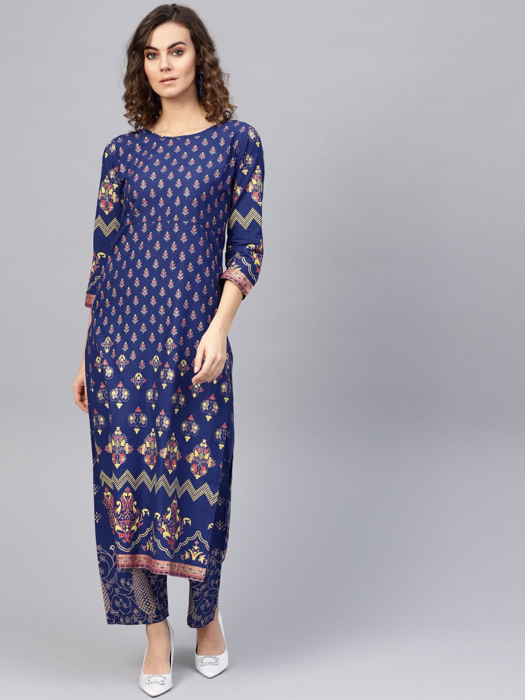 Women Blue & Golden Printed Kurta with Trousers | NOZ2TOZ - Made In INDIA.