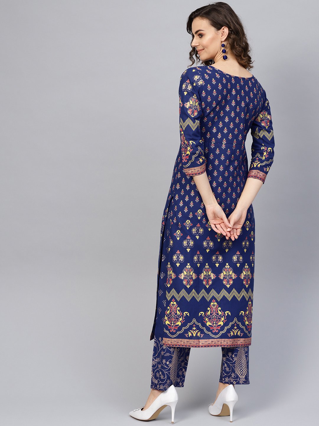 Women Blue & Golden Printed Kurta with Trousers | NOZ2TOZ - Made In INDIA.