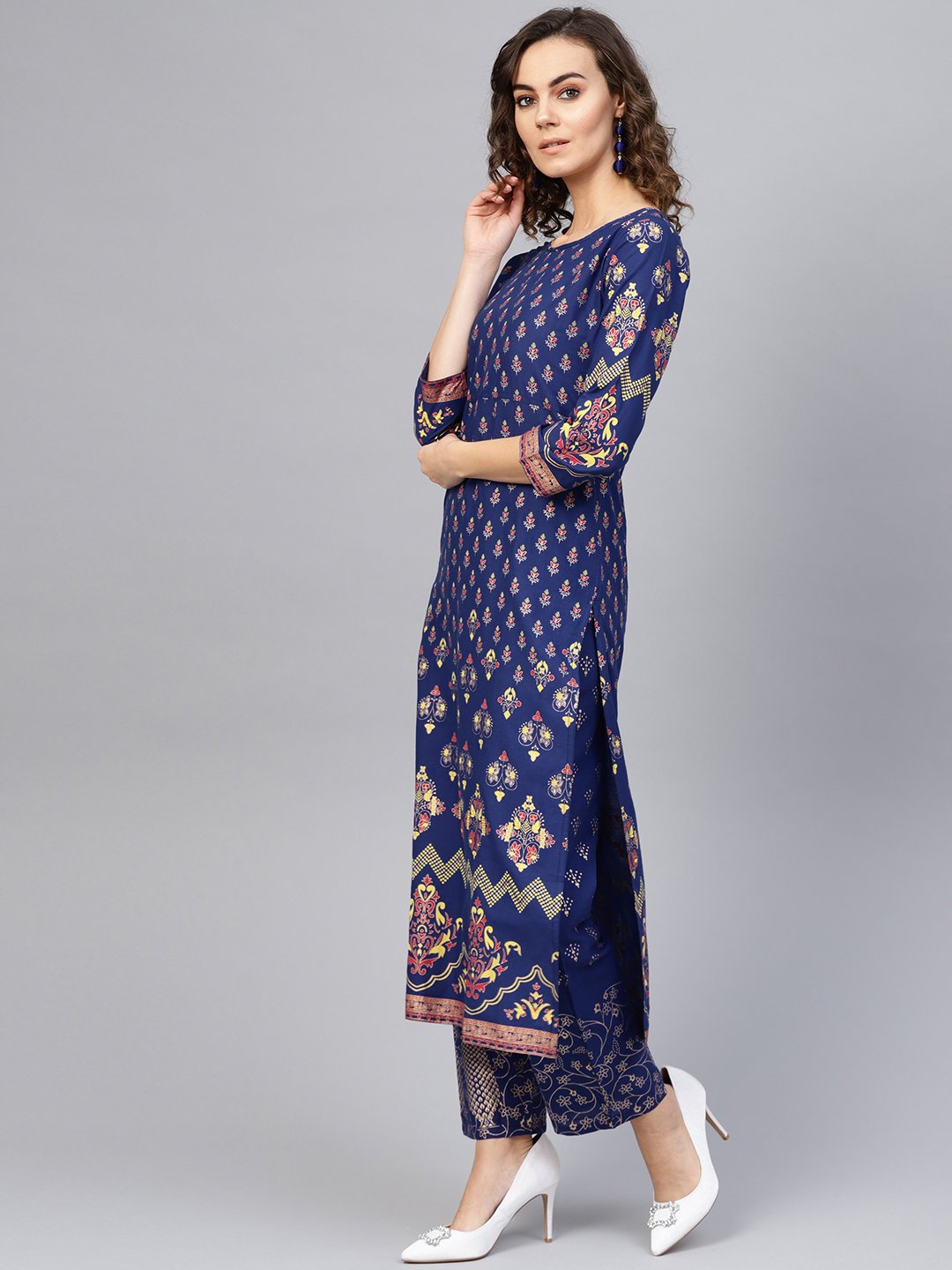 Women Blue & Golden Printed Kurta with Trousers | NOZ2TOZ - Made In INDIA.