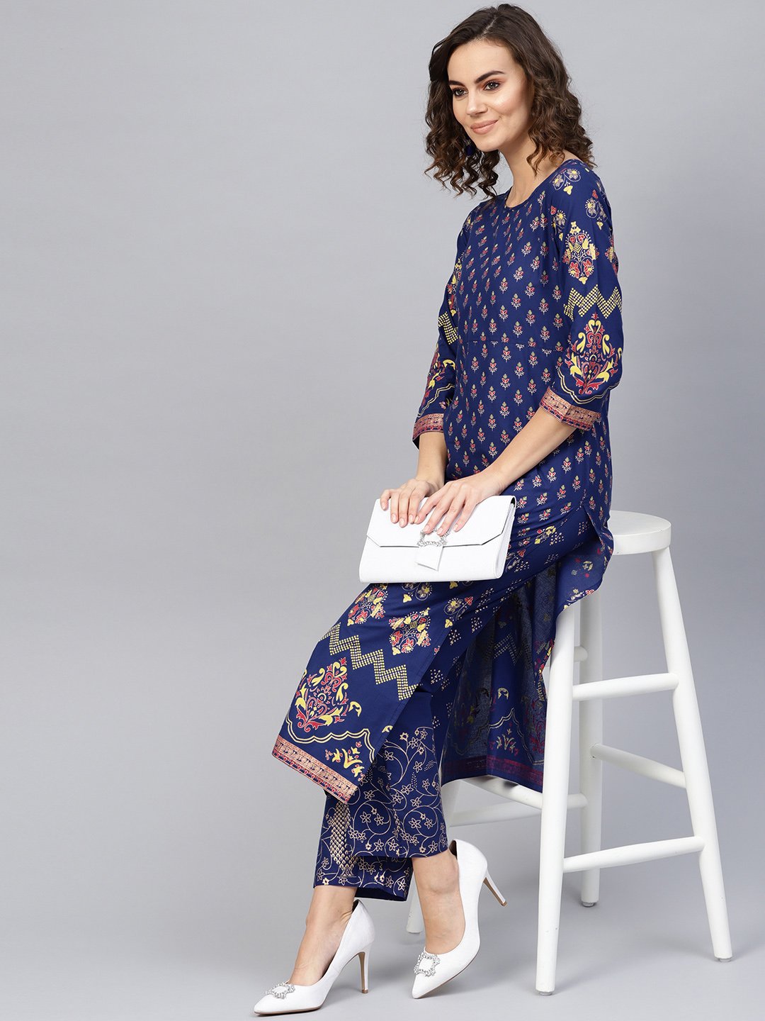 Women Blue & Golden Printed Kurta with Trousers | NOZ2TOZ - Made In INDIA.