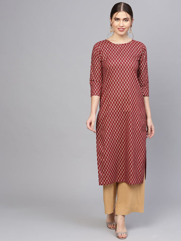 Women Maroon & Golden Printed Straight Kurta | NOZ2TOZ - Made In INDIA.