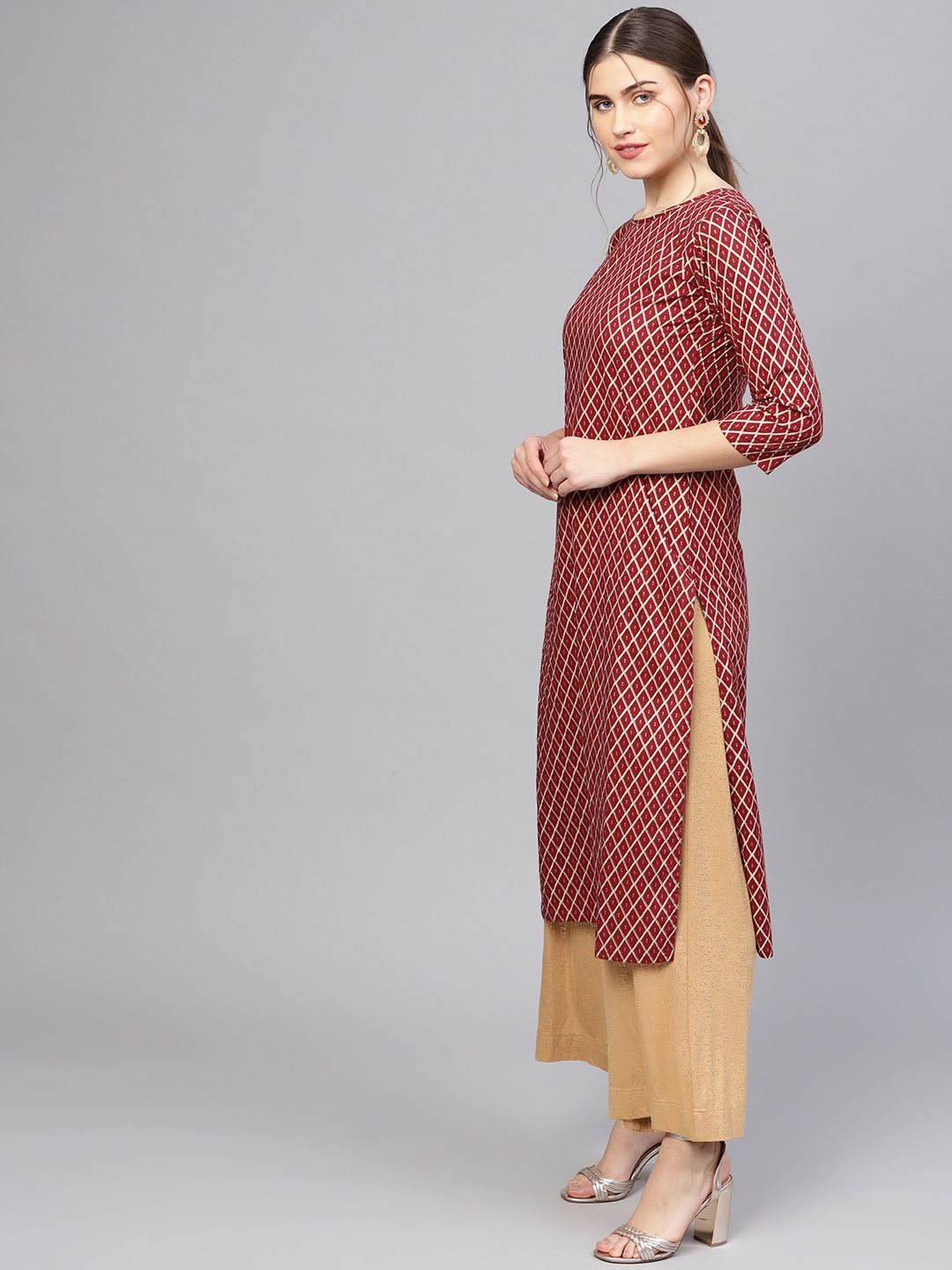 Women Maroon & Golden Printed Straight Kurta | NOZ2TOZ - Made In INDIA.