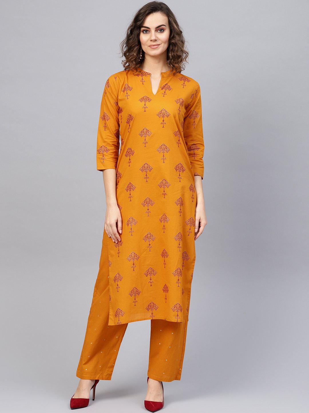 Women Mustard Yellow & Red Printed Kurta with Trousers | NOZ2TOZ - Made In INDIA.