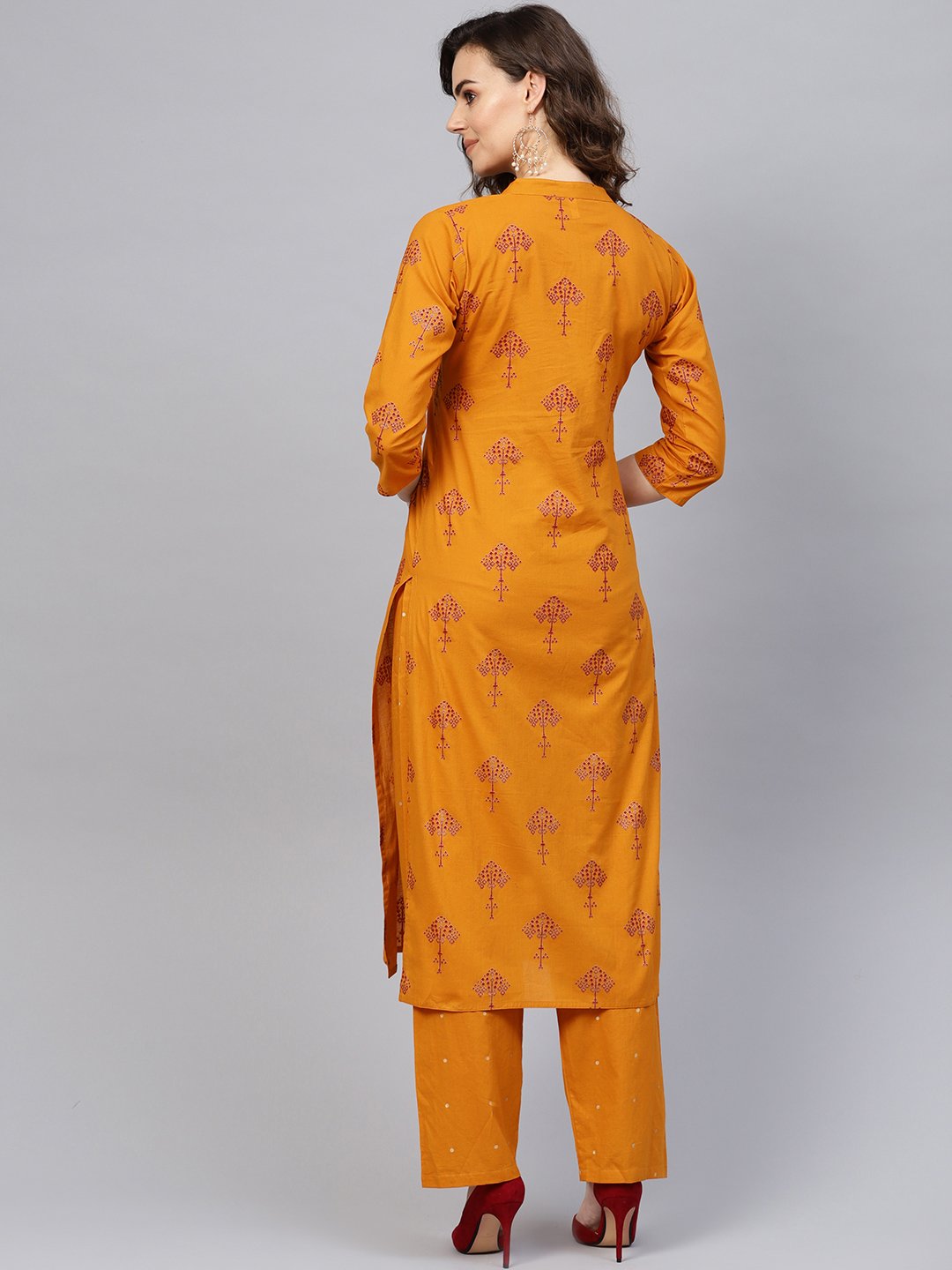 Women Mustard Yellow & Red Printed Kurta with Trousers | NOZ2TOZ - Made In INDIA.