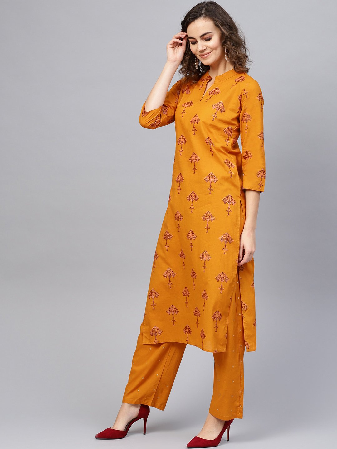 Women Mustard Yellow & Red Printed Kurta with Trousers | NOZ2TOZ - Made In INDIA.