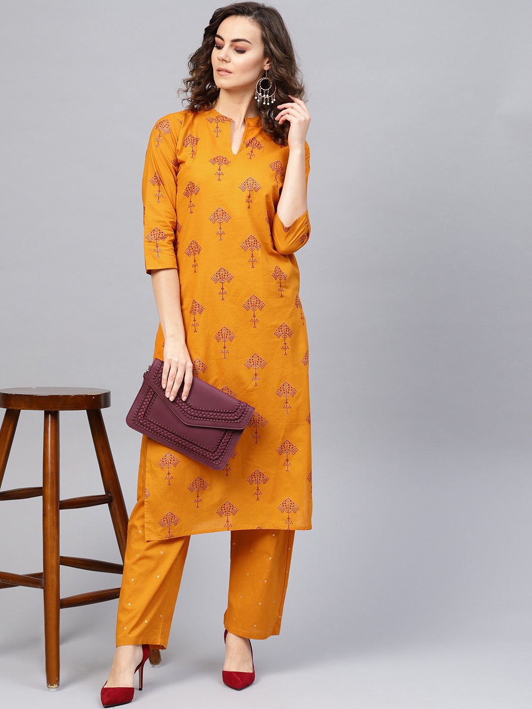 Women Mustard Yellow & Red Printed Kurta with Trousers | NOZ2TOZ - Made In INDIA.