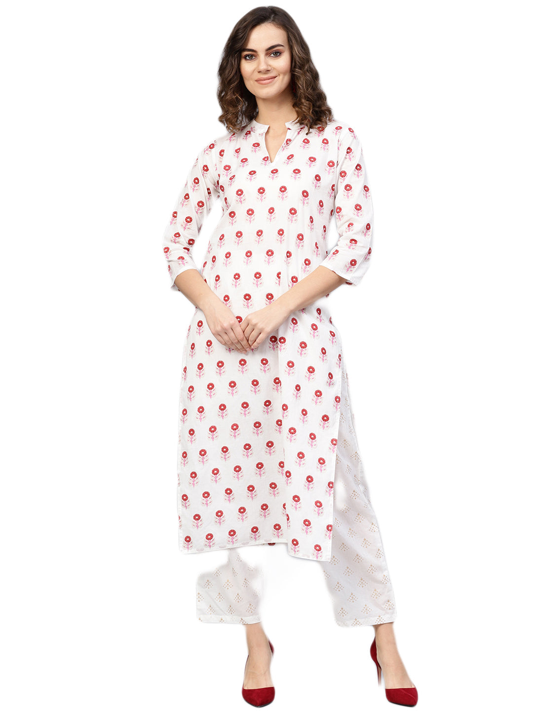 Women White & Red Printed Kurta with Trousers | NOZ2TOZ - Made In INDIA.