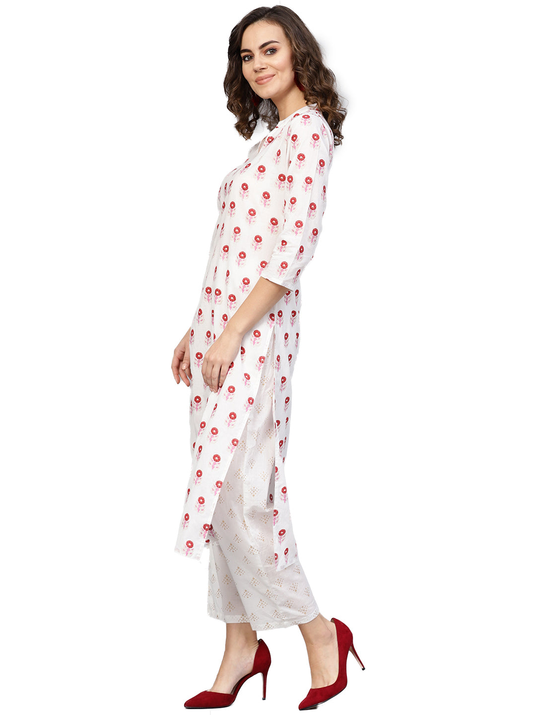 Women White & Red Printed Kurta with Trousers | NOZ2TOZ - Made In INDIA.