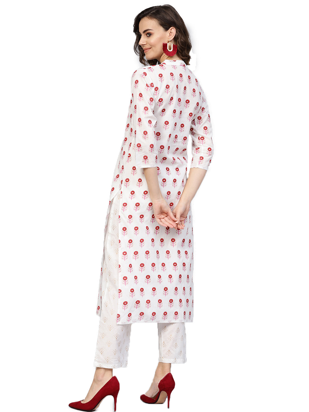 Women White & Red Printed Kurta with Trousers | NOZ2TOZ - Made In INDIA.