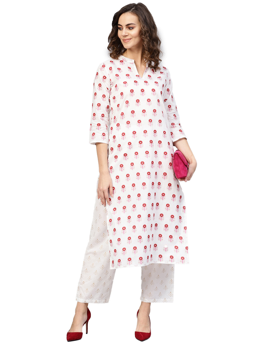 Women White & Red Printed Kurta with Trousers | NOZ2TOZ - Made In INDIA.