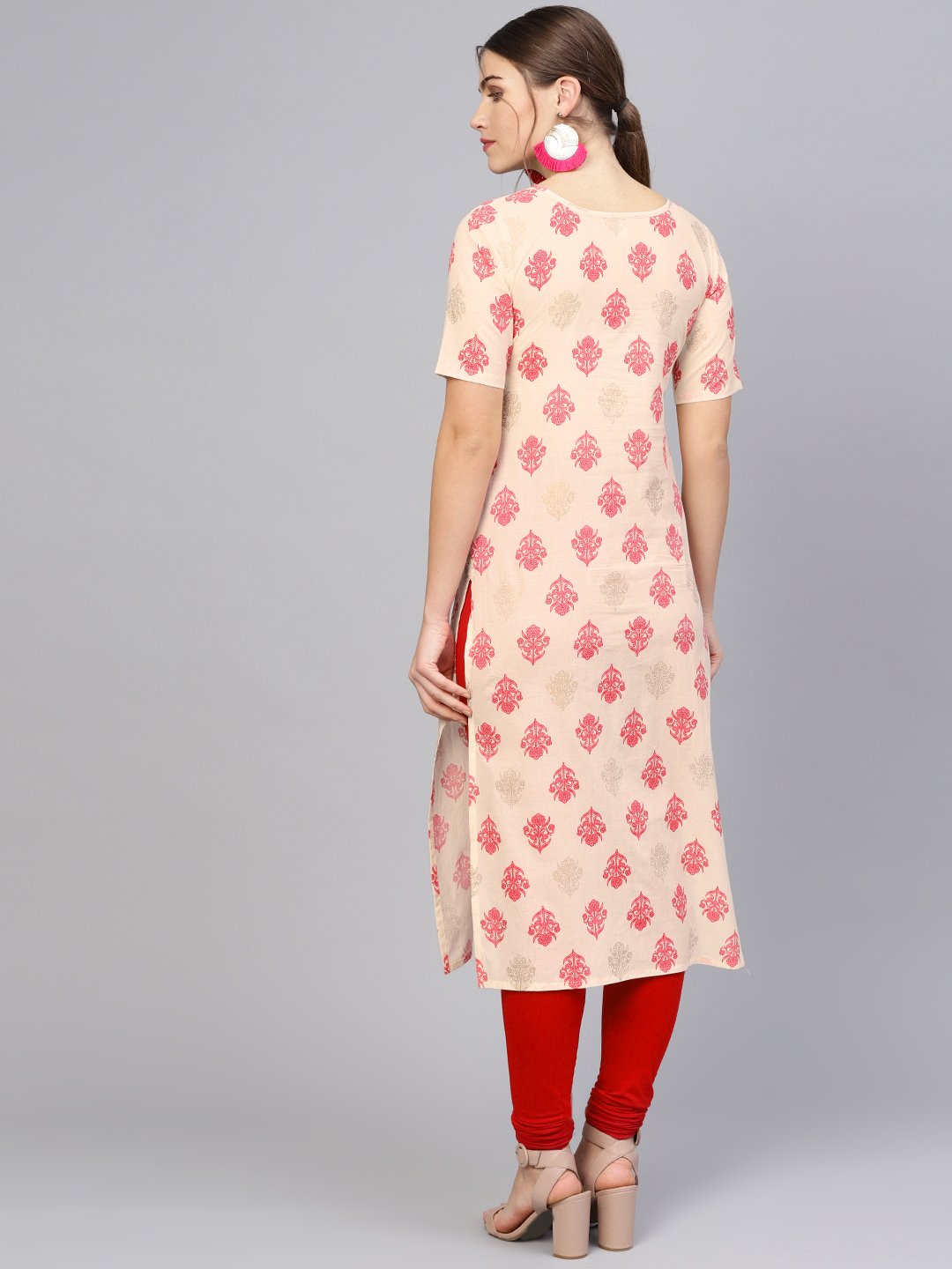 Women Cream-Coloured & Pink Printed Straight Kurta | NOZ2TOZ - Made In INDIA.